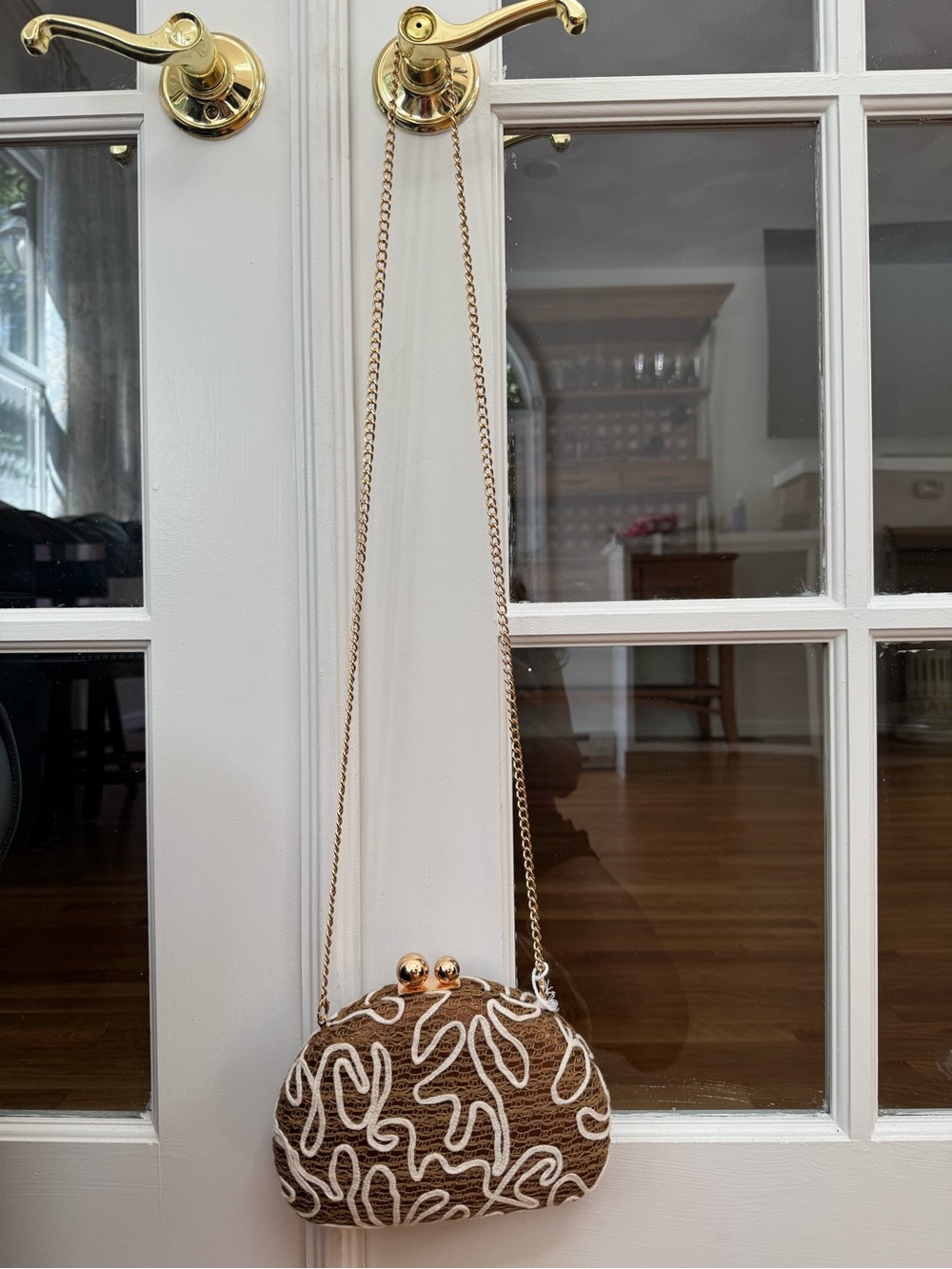 NWT Haute Hippie Brown & Cream Embroidered Crossbody Bag with Gold Chain